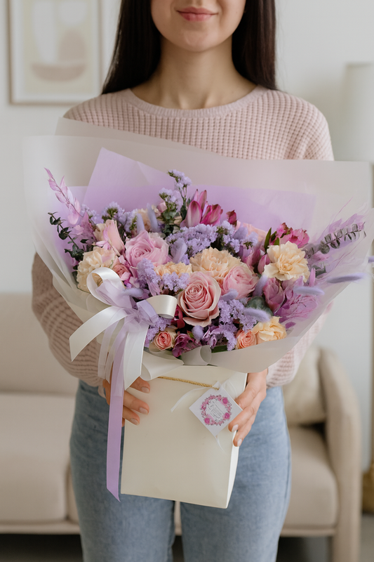 Lilac, Pink & Peach Seasonal Fresh Hand-tied Bouquet